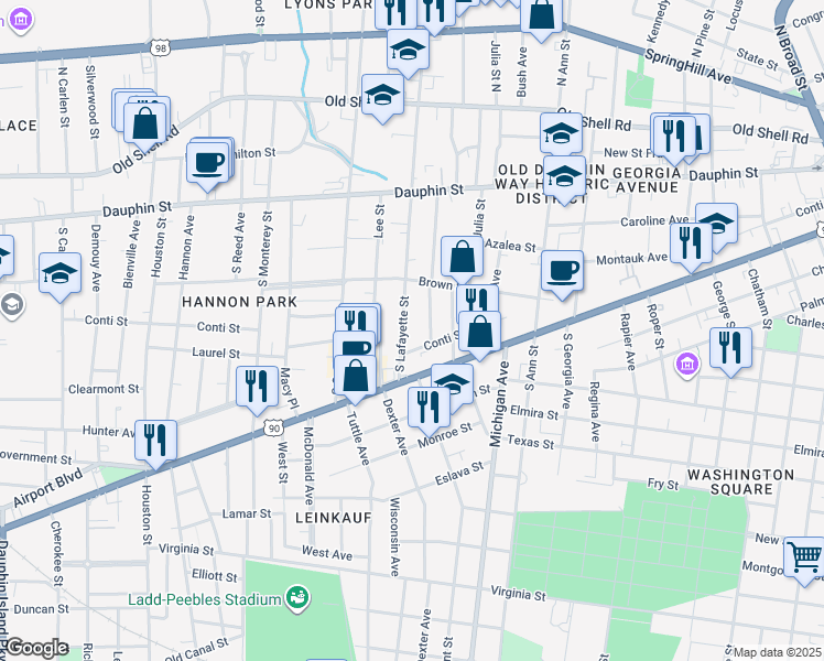 map of restaurants, bars, coffee shops, grocery stores, and more near 71 South Lafayette Street in Mobile