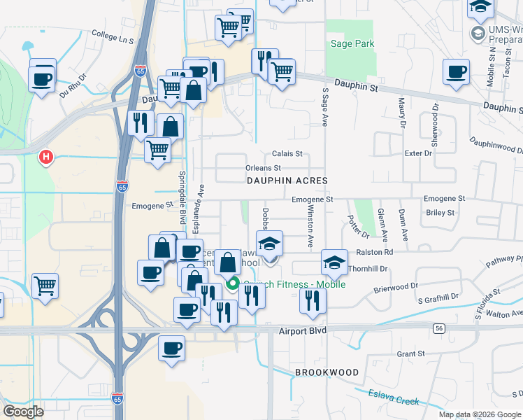 map of restaurants, bars, coffee shops, grocery stores, and more near 155 Primrose Avenue in Mobile