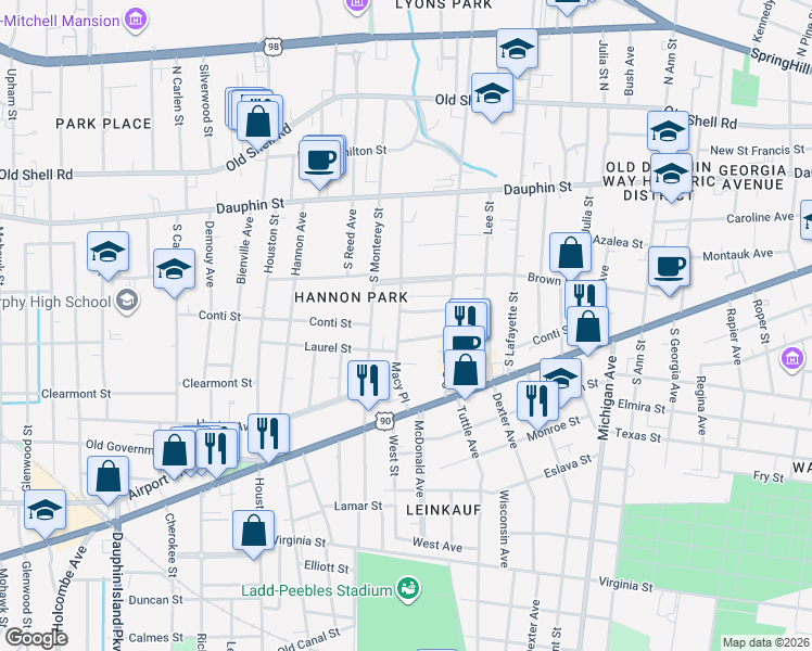 map of restaurants, bars, coffee shops, grocery stores, and more near 115 Macy Place in Mobile