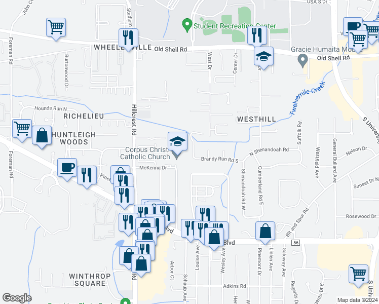 map of restaurants, bars, coffee shops, grocery stores, and more near 308 West Brandy Run Road in Mobile