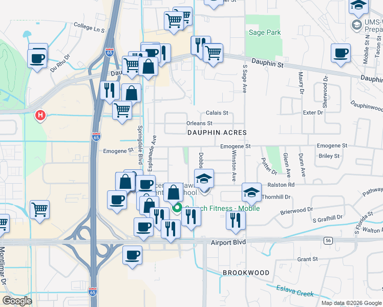 map of restaurants, bars, coffee shops, grocery stores, and more near 155 Primrose Ave in Mobile