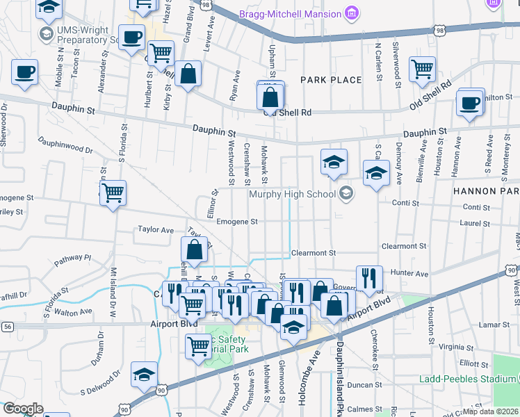 map of restaurants, bars, coffee shops, grocery stores, and more near 114 Mohawk Street in Mobile