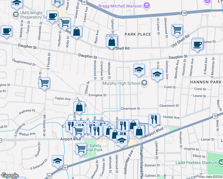 map of restaurants, bars, coffee shops, grocery stores, and more near 114 Mohawk Street in Mobile