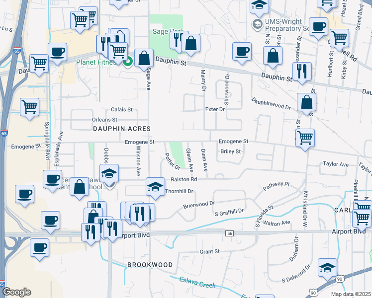 map of restaurants, bars, coffee shops, grocery stores, and more near 154 Glenn Avenue in Mobile