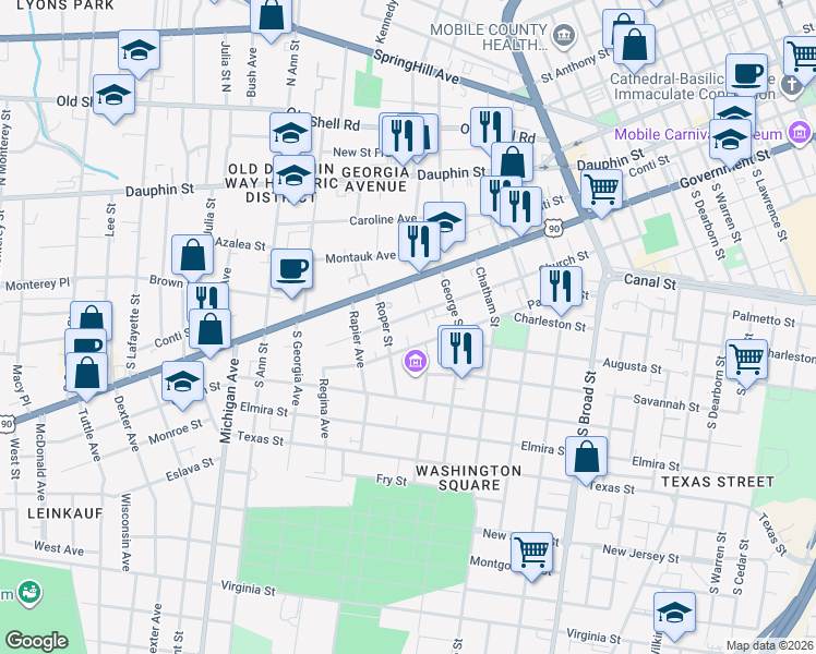 map of restaurants, bars, coffee shops, grocery stores, and more near 1123 Church Street in Mobile
