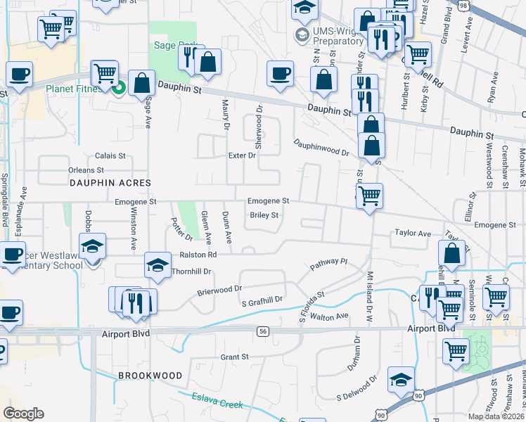 map of restaurants, bars, coffee shops, grocery stores, and more near 2710 Briley Street in Mobile