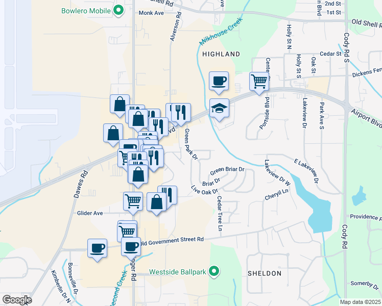 map of restaurants, bars, coffee shops, grocery stores, and more near 218 Green Park Drive in Mobile