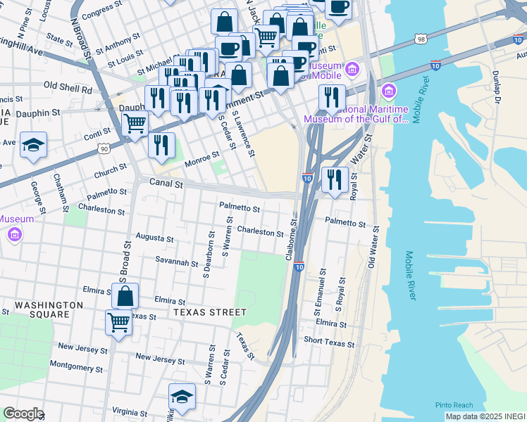 map of restaurants, bars, coffee shops, grocery stores, and more near 351 South Lawrence Street in Mobile