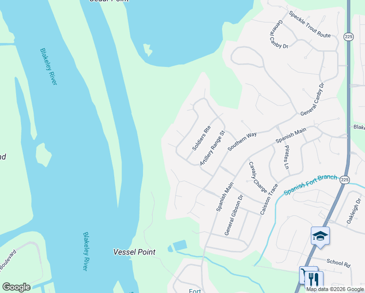 map of restaurants, bars, coffee shops, grocery stores, and more near 23 Soldiers Route in Spanish Fort