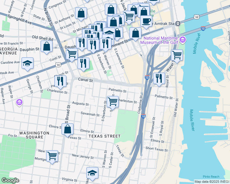 map of restaurants, bars, coffee shops, grocery stores, and more near 557 Palmetto Street in Mobile