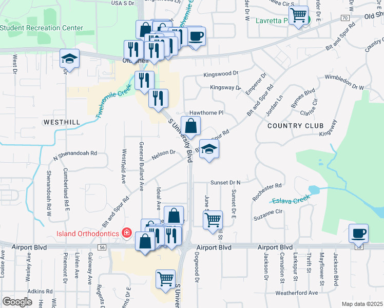 map of restaurants, bars, coffee shops, grocery stores, and more near 4645 Bit and Spur Road in Mobile