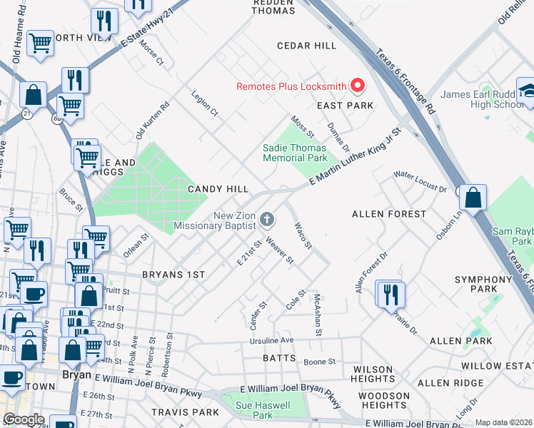 map of restaurants, bars, coffee shops, grocery stores, and more near 1510 Dansby Street in Bryan
