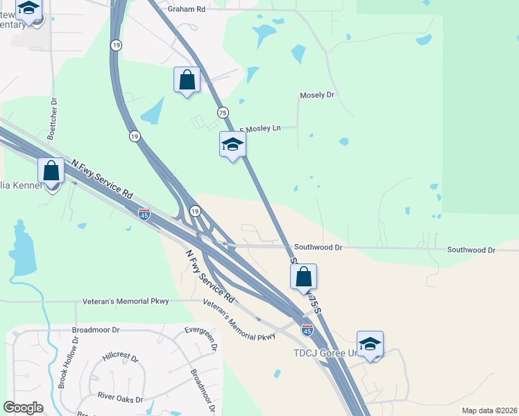 map of restaurants, bars, coffee shops, grocery stores, and more near 7202 Texas 75 in Huntsville