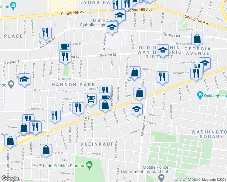 map of restaurants, bars, coffee shops, grocery stores, and more near 67 Etheridge Street in Mobile