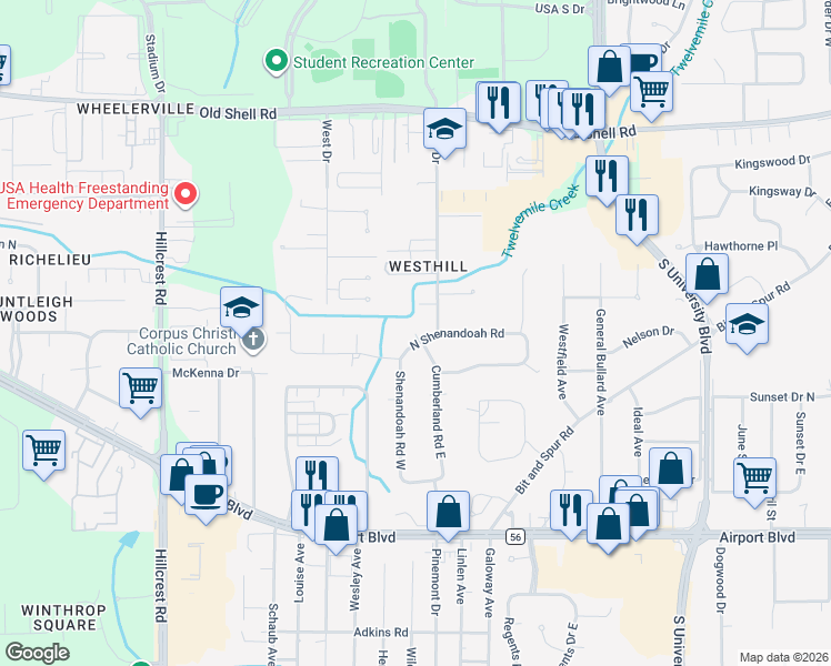 map of restaurants, bars, coffee shops, grocery stores, and more near East Cumberland Road in Mobile