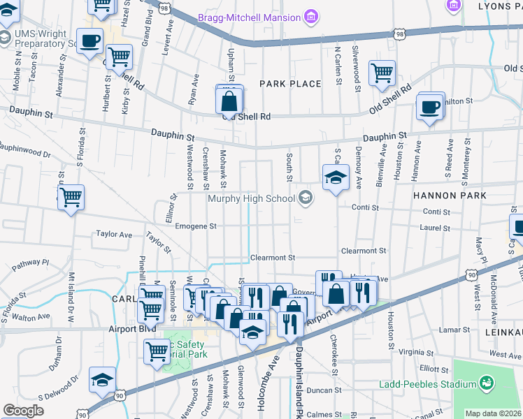 map of restaurants, bars, coffee shops, grocery stores, and more near 122 Williams Court in Mobile