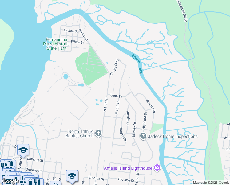 map of restaurants, bars, coffee shops, grocery stores, and more near 1423 Leon Street in Fernandina Beach