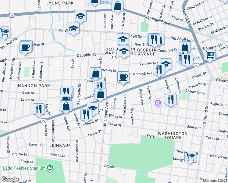 map of restaurants, bars, coffee shops, grocery stores, and more near 1300 Government Street in Mobile