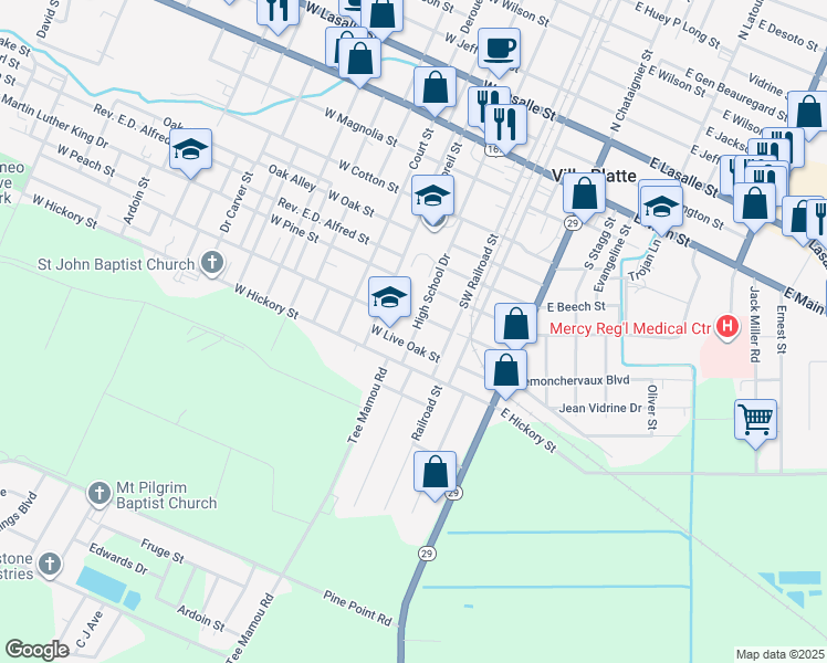 map of restaurants, bars, coffee shops, grocery stores, and more near 708 High School Drive in Ville Platte