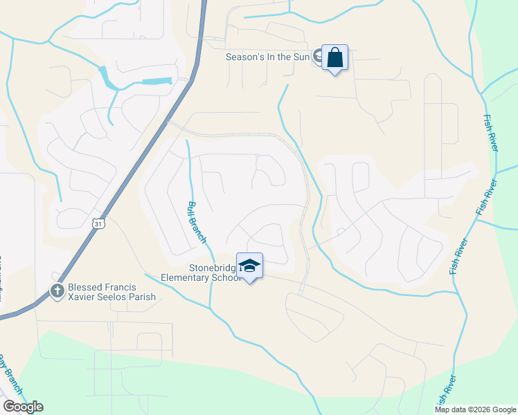 map of restaurants, bars, coffee shops, grocery stores, and more near 31426 Shearwater Drive in Spanish Fort