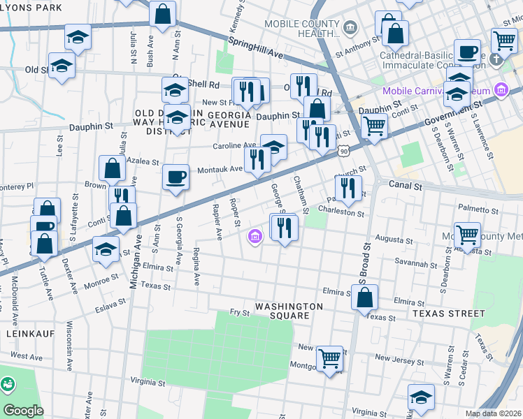 map of restaurants, bars, coffee shops, grocery stores, and more near 1123 Church Street in Mobile