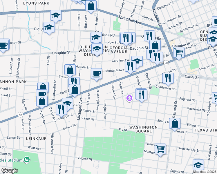 map of restaurants, bars, coffee shops, grocery stores, and more near 1207 Government Street in Mobile