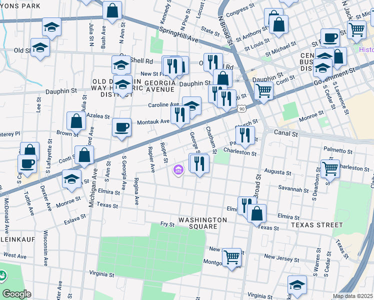 map of restaurants, bars, coffee shops, grocery stores, and more near 1111 Church Street in Mobile