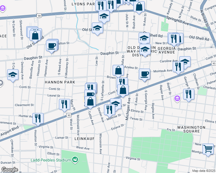 map of restaurants, bars, coffee shops, grocery stores, and more near 71 South Lafayette Street in Mobile