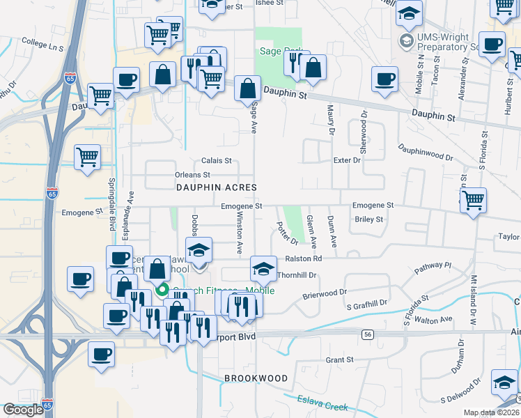 map of restaurants, bars, coffee shops, grocery stores, and more near 155 South Sage Avenue in Mobile