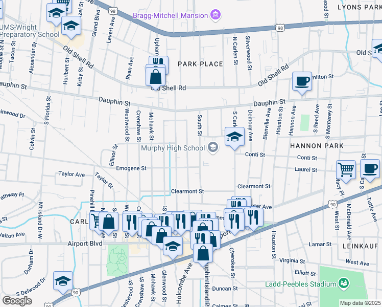 map of restaurants, bars, coffee shops, grocery stores, and more near 122 Williams Court in Mobile