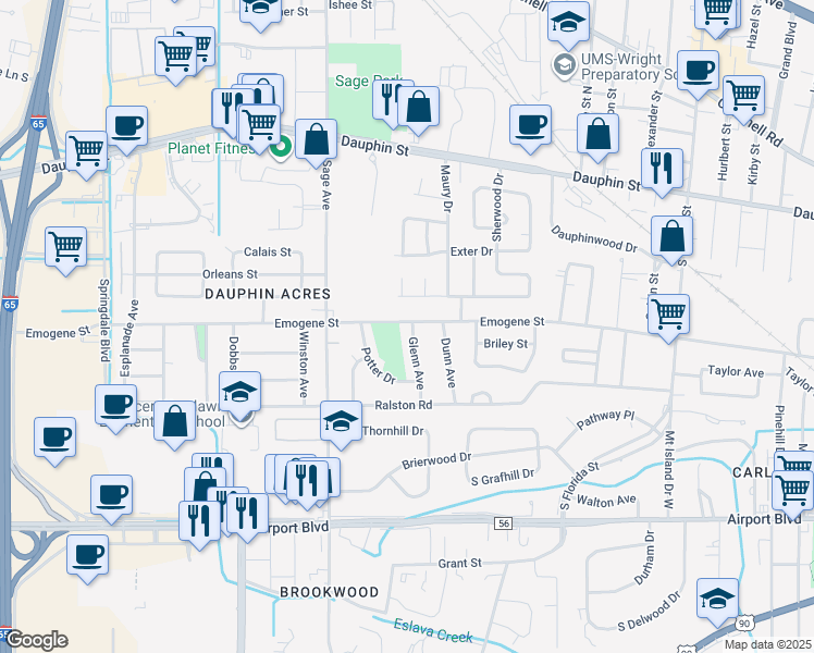 map of restaurants, bars, coffee shops, grocery stores, and more near 154 Glenn Avenue in Mobile