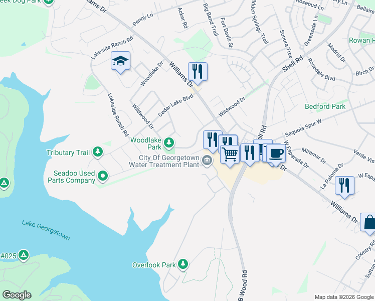 map of restaurants, bars, coffee shops, grocery stores, and more near 227 Wildwood Drive in Georgetown