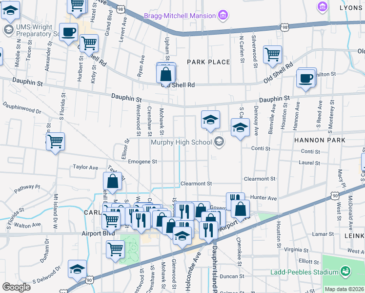 map of restaurants, bars, coffee shops, grocery stores, and more near 115 Glenwood Street in Mobile