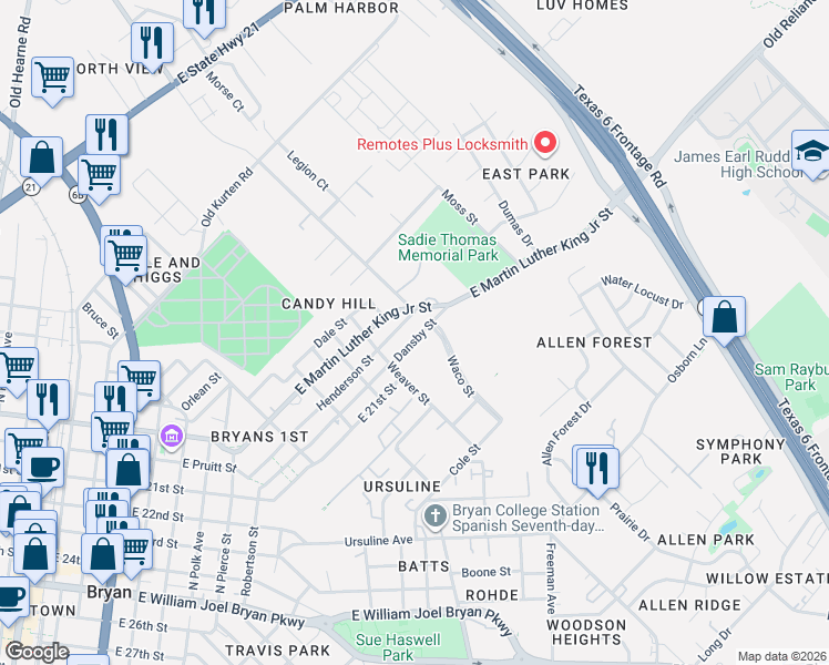 map of restaurants, bars, coffee shops, grocery stores, and more near 1510 Dansby Street in Bryan