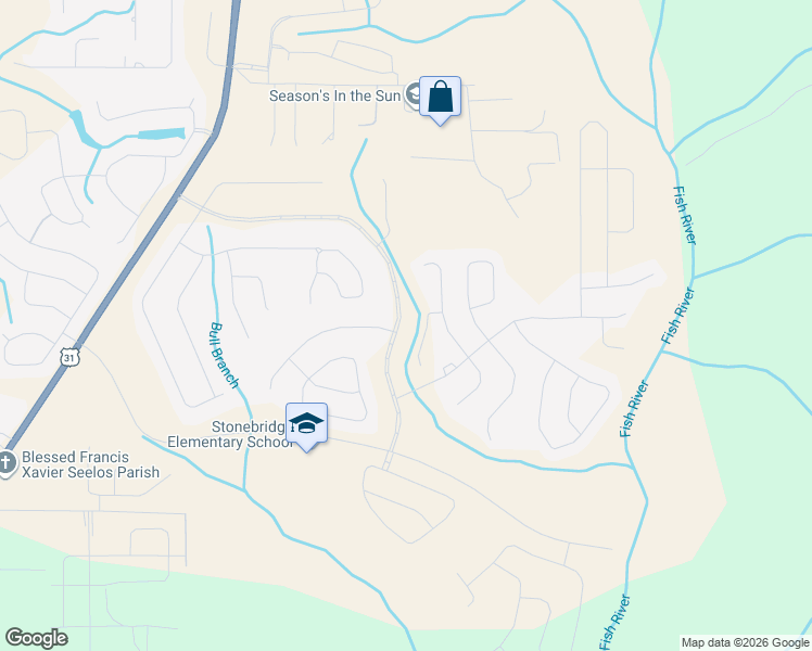 map of restaurants, bars, coffee shops, grocery stores, and more near Warbler Street in Spanish Fort