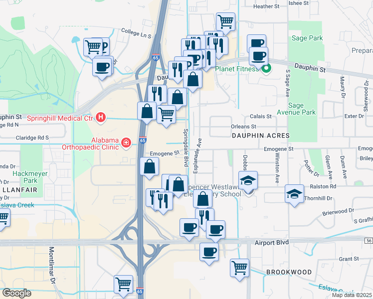map of restaurants, bars, coffee shops, grocery stores, and more near Springdale Boulevard in Mobile