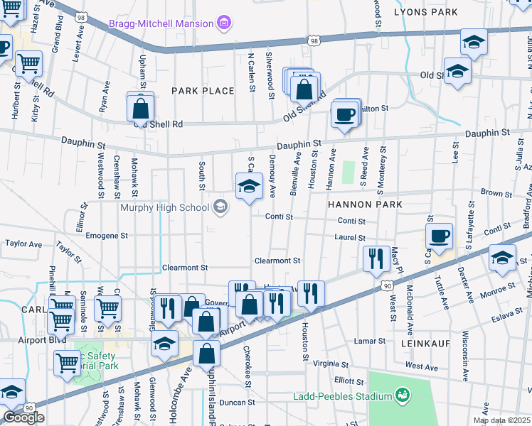map of restaurants, bars, coffee shops, grocery stores, and more near 1824 Conti Street in Mobile