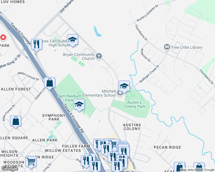 map of restaurants, bars, coffee shops, grocery stores, and more near 4405 Colony Chase Drive in Bryan