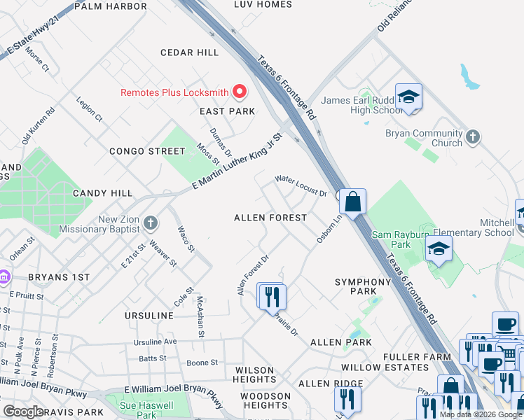 map of restaurants, bars, coffee shops, grocery stores, and more near 1004 Braeswood Drive in Bryan