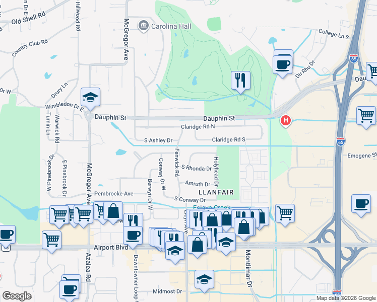 map of restaurants, bars, coffee shops, grocery stores, and more near 100 Rhonda Drive North in Mobile