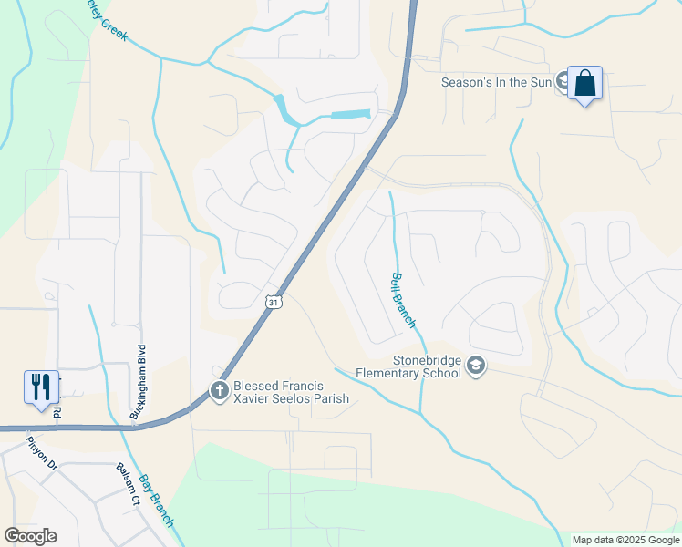 map of restaurants, bars, coffee shops, grocery stores, and more near Spoonbill Road in Spanish Fort