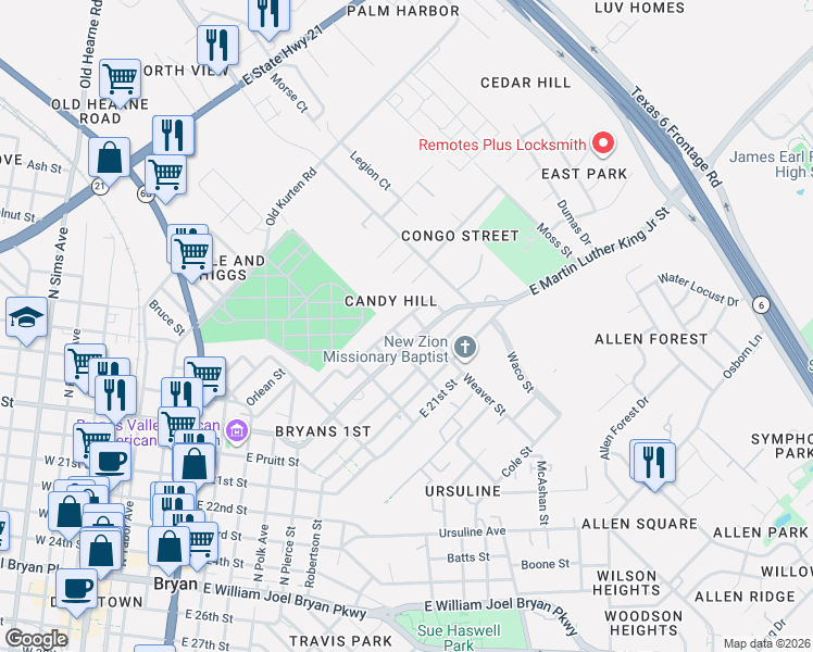 map of restaurants, bars, coffee shops, grocery stores, and more near 1105 Dale Street in Bryan