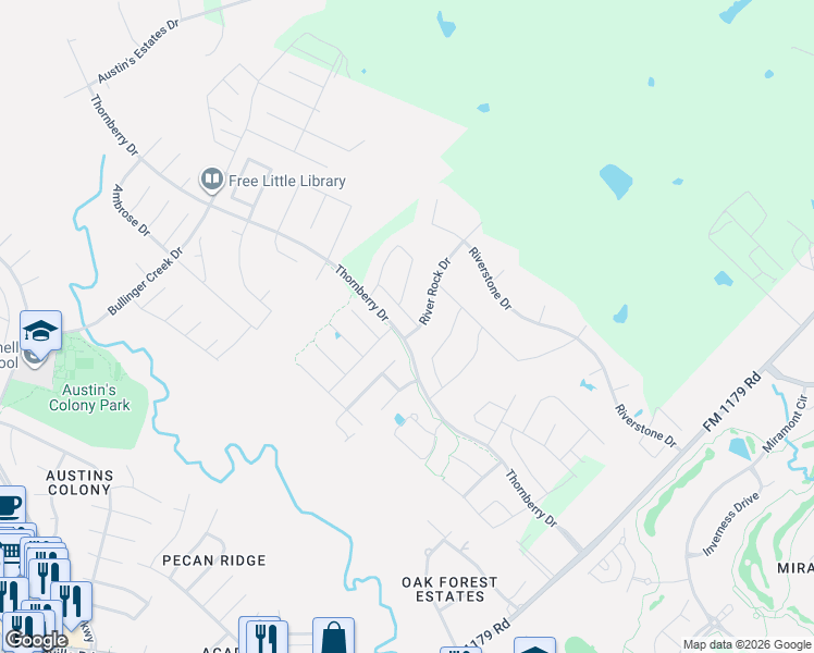 map of restaurants, bars, coffee shops, grocery stores, and more near 4634 River Rock Drive in Bryan