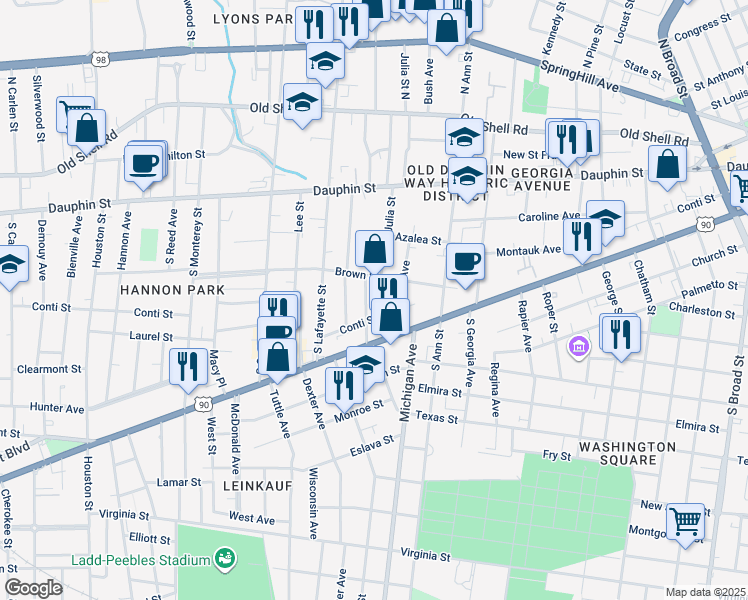 map of restaurants, bars, coffee shops, grocery stores, and more near 1362 Conti Street in Mobile