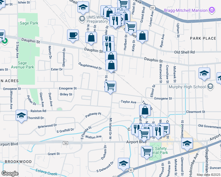 map of restaurants, bars, coffee shops, grocery stores, and more near 2577-2599 Emogene St in Mobile