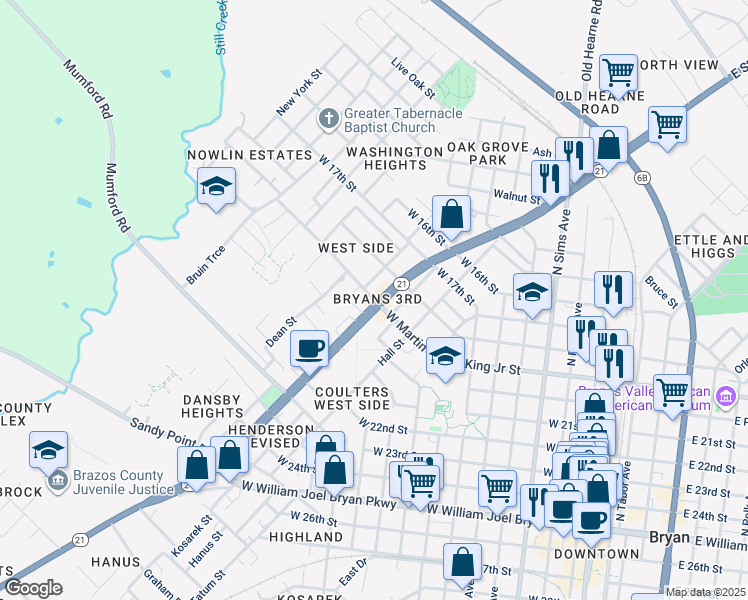 map of restaurants, bars, coffee shops, grocery stores, and more near 708 San Jacinto Lane in Bryan