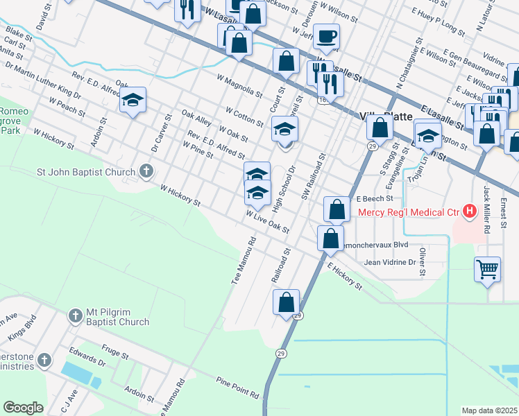 map of restaurants, bars, coffee shops, grocery stores, and more near 708 High School Drive in Ville Platte