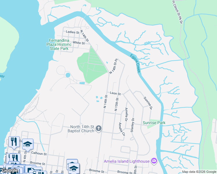 map of restaurants, bars, coffee shops, grocery stores, and more near 1423 Leon Street in Fernandina Beach