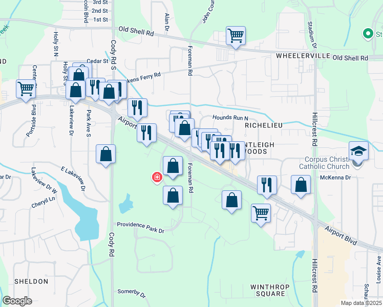 map of restaurants, bars, coffee shops, grocery stores, and more near Airport Blvd & Foreman Rd in Mobile