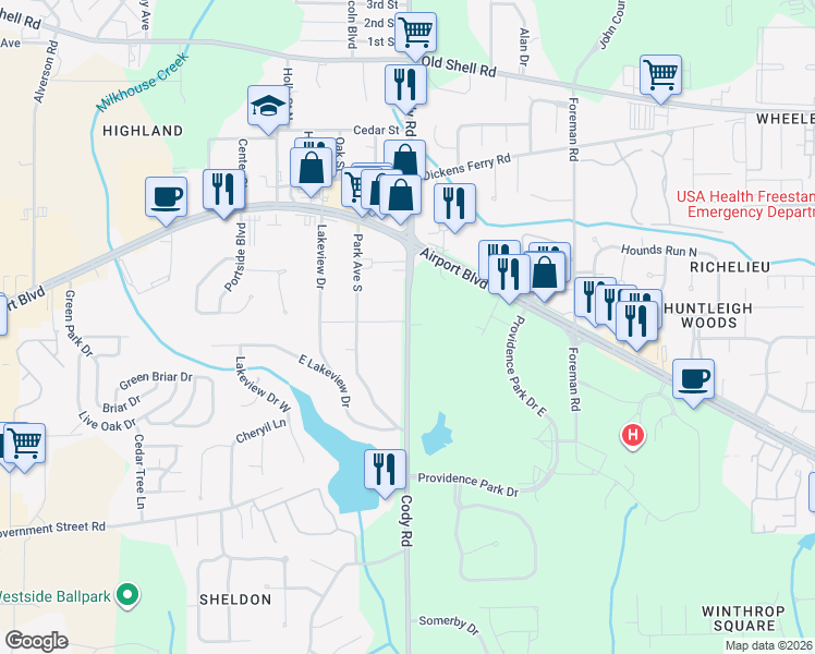 map of restaurants, bars, coffee shops, grocery stores, and more near 445 Cody Road in Mobile